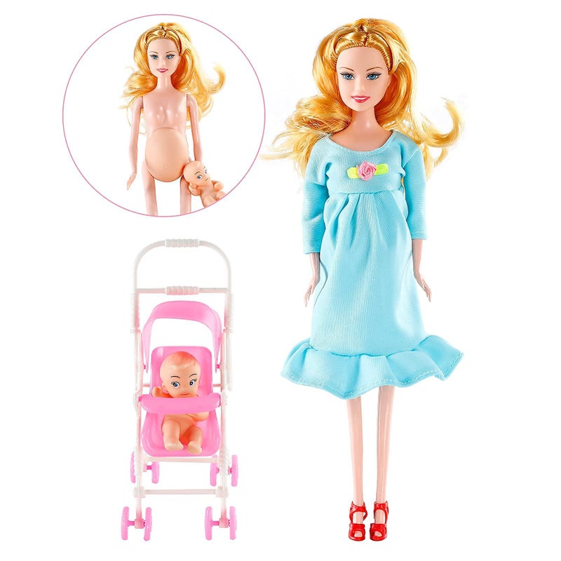 FunPa Pregnant Doll Have a Baby in Her Tummy Mom Doll Pregnant Mom Toy with Baby Doll Trolley (Blue) - Image 2